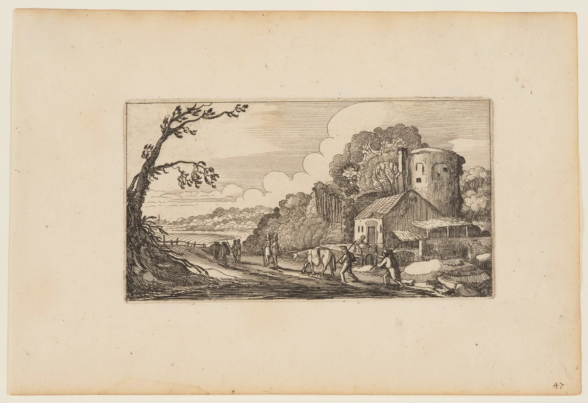Path to Left of a Farm Dominated by a Round Tower, from Twelve landscapes with Figures by Gillis van Scheyndel, print, 1624