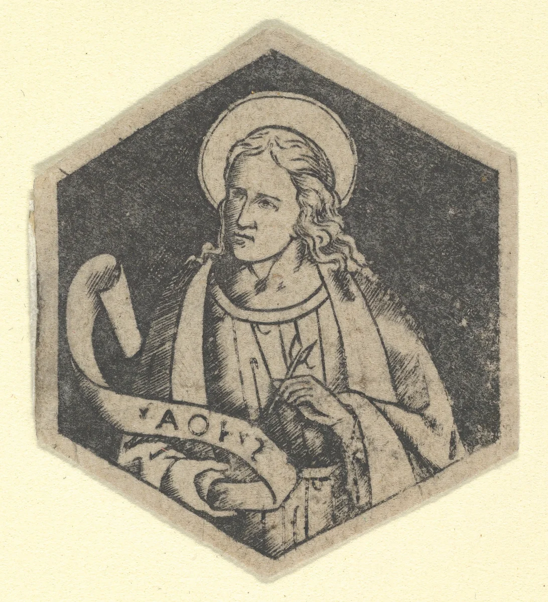 St John the Evangelist, holding a banderole (possibly a modern impression) by anonymous, print, 1475-1485