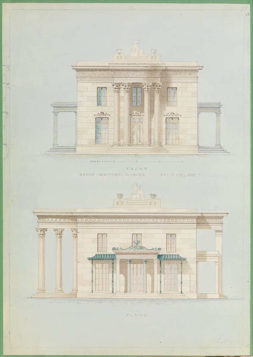 House for Henry Whitney, New Haven, Connecticut (front and side elevations) by Alexander Jackson Davis, drawing, 1835