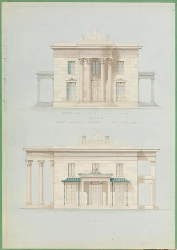 House for Henry Whitney, New Haven, Connecticut (front and side elevations) by Alexander Jackson Davis, drawing, 1835