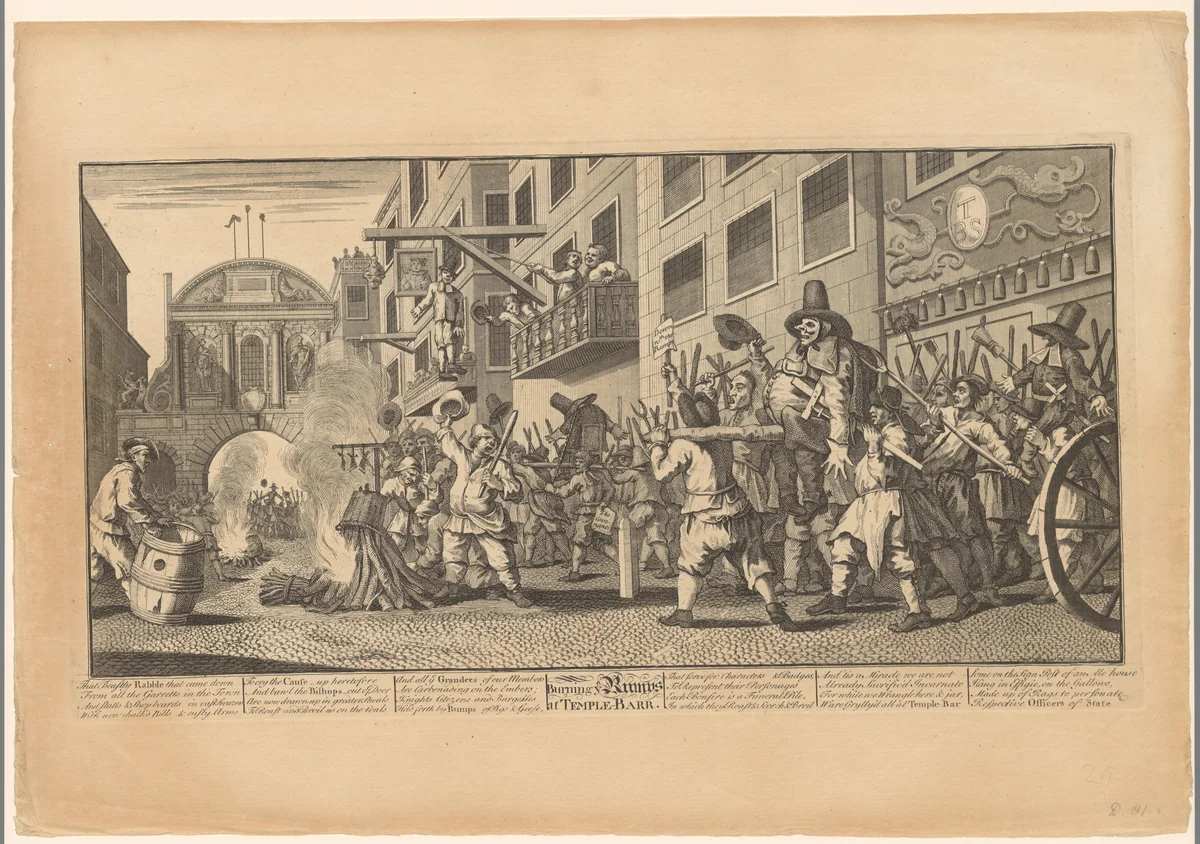 Boze menigte met beeltenis van Hudibras nabij de Temple Bar in Londen by William Hogarth, print, 1725-1735