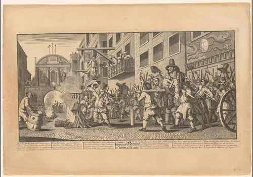 Boze menigte met beeltenis van Hudibras nabij de Temple Bar in Londen by William Hogarth, print, 1725-1735