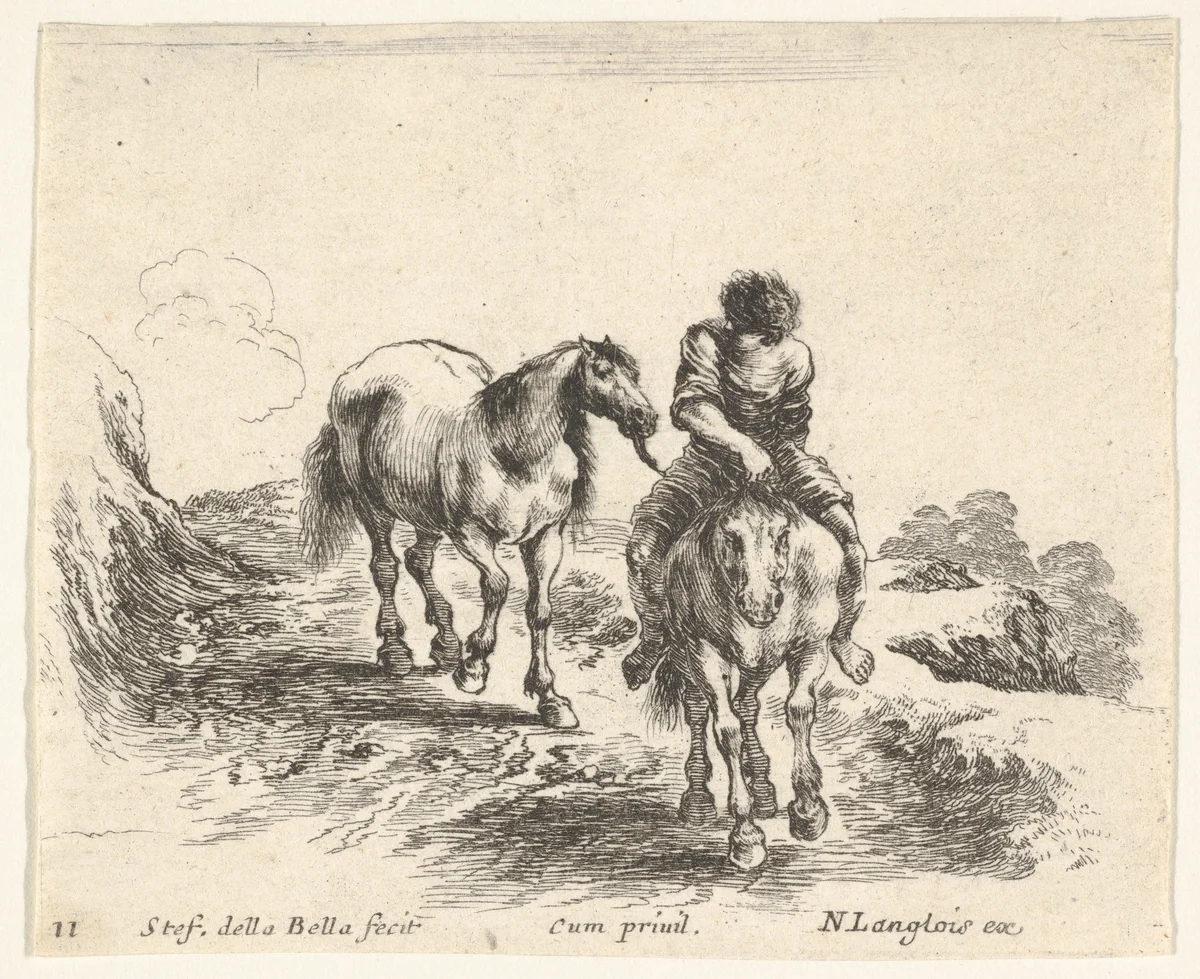 Plate 11: a young horseman, seen from the front, leading another horse, from "Diversi Capricci" by Stefano della Bella, print, 1644-1647
