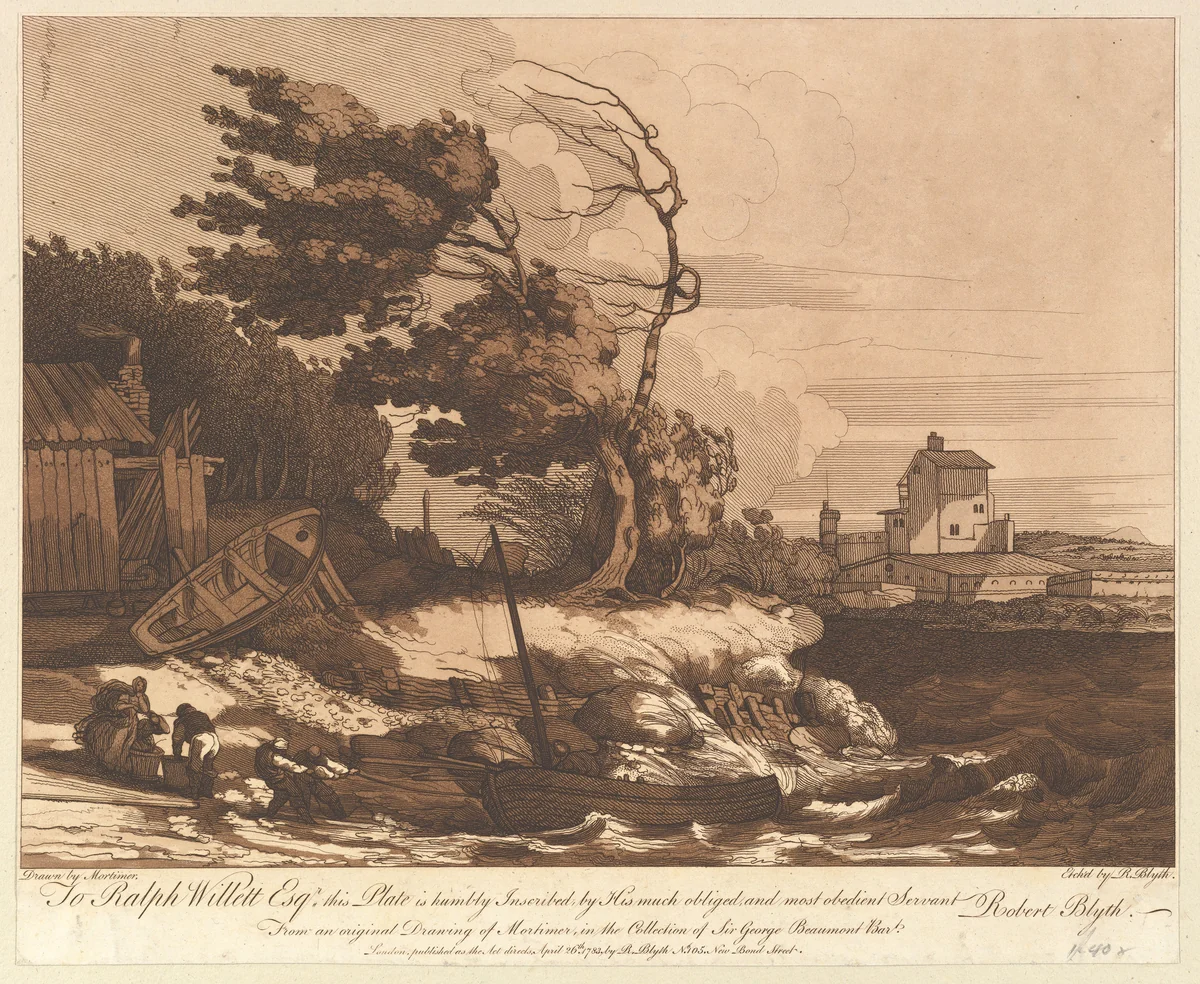 Beaching a Fishing Boat in a Gale by Robert Blyth, print, 1783