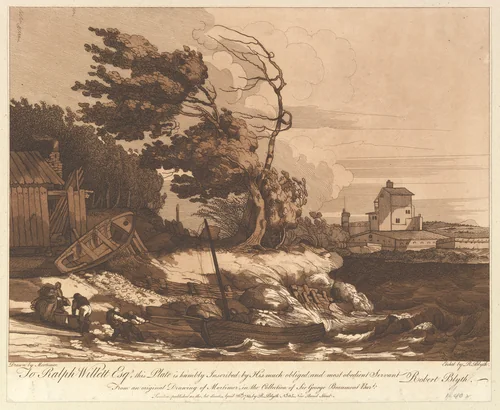 Beaching a Fishing Boat in a Gale by Robert Blyth, print, 1783