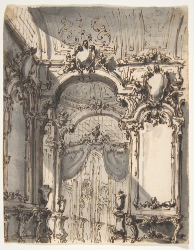 Design for a Stage Set: Interior of a Palazzo Decorated with Large Mirrors and Console Tables by Giovanni Battista Natali, drawing, 1698-1765