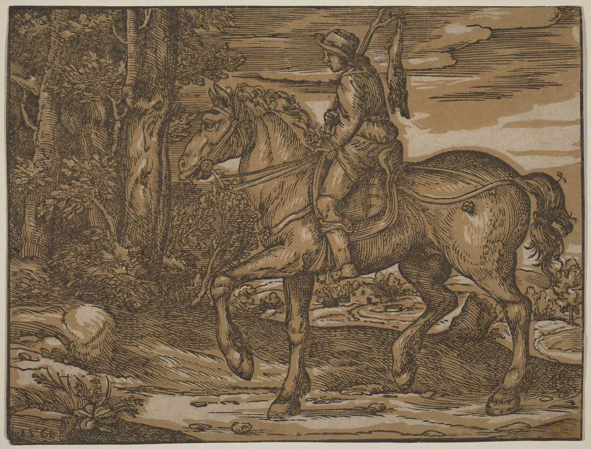Hunter on Horseback by Nicolò Boldrini, print, 1566