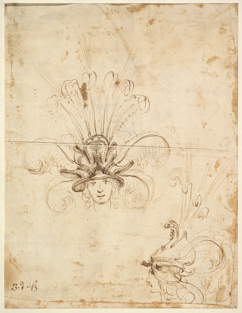 Design for a Headdress (front and side view) by Baccio del Bianco, drawing, 1604-1656