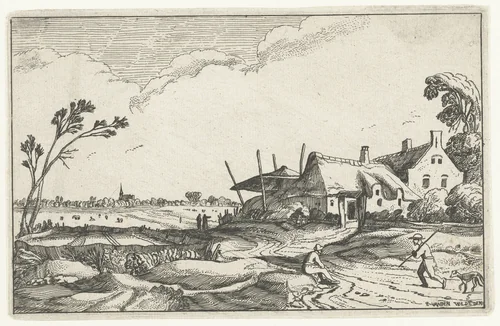 Boerderij aan een pad en vergezicht over velden by anonymous, print, 1614