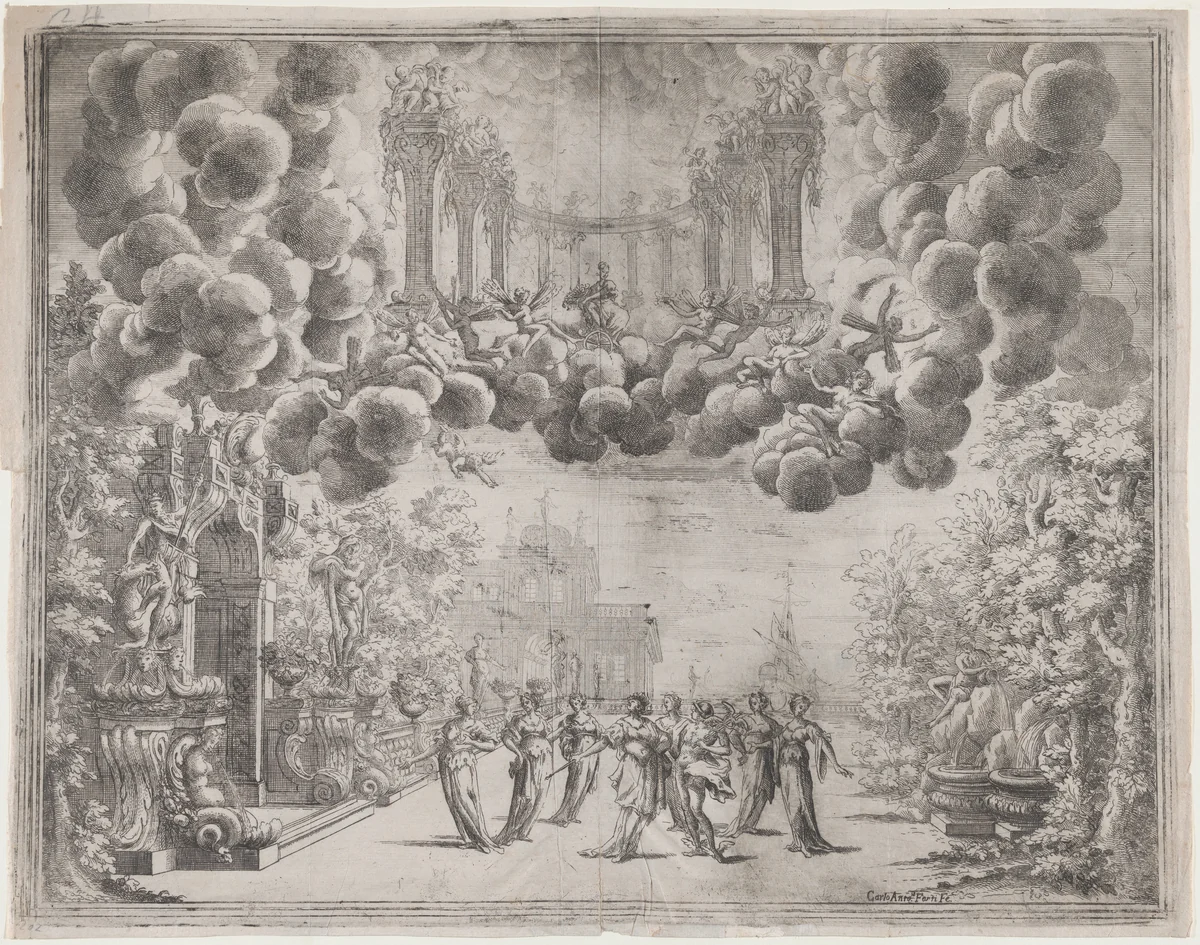 Stage design with allegorical figures; from 'L'Idea di tutti le perfezioni ... Piacenza' by Carlo Antonio Forti, print, 1685-1695