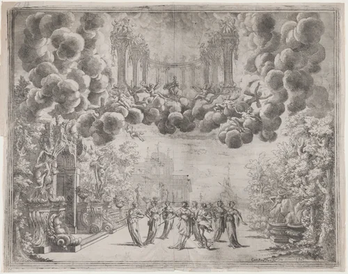 Stage design with allegorical figures; from 'L'Idea di tutti le perfezioni ... Piacenza' by Carlo Antonio Forti, print, 1685-1695