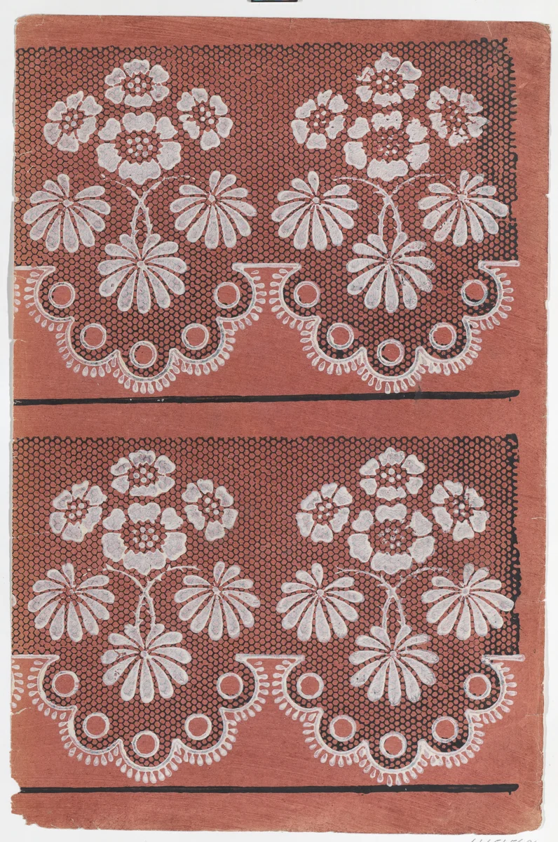 Red sheet with two borders with a white floral pattern atop a black lace pattern by anonymous, print, 1775-1875