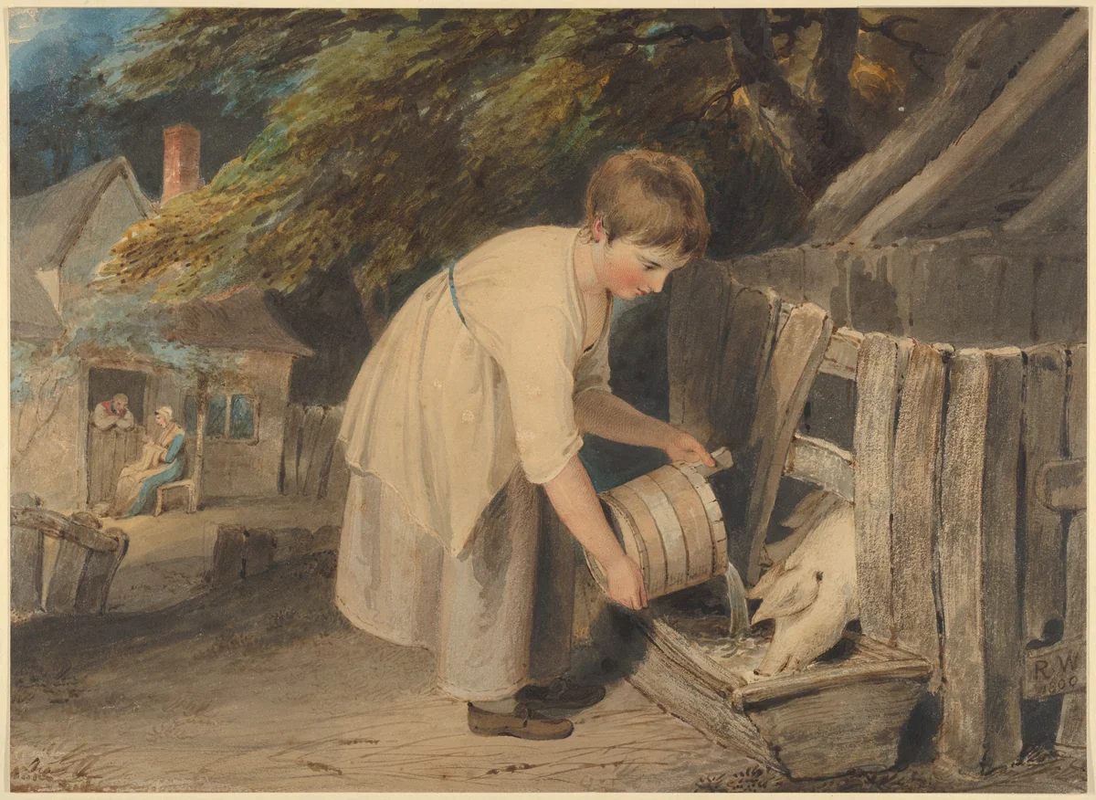 Girl Feeding Pigs by Richard Westall, drawing, 1800