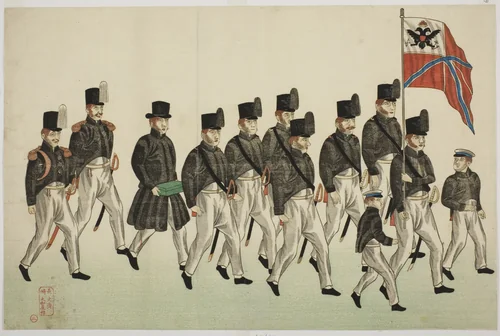 Procession of Russian Officers, from the Album of seven prints of Russian Army and Warship (Roshia seigi shashin kan) by Kawahara Keiga, print, 1853