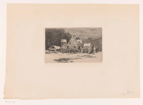 Wintergezicht met boerderij met twee varkens by Theodoor Hannon, print, 1861-1910