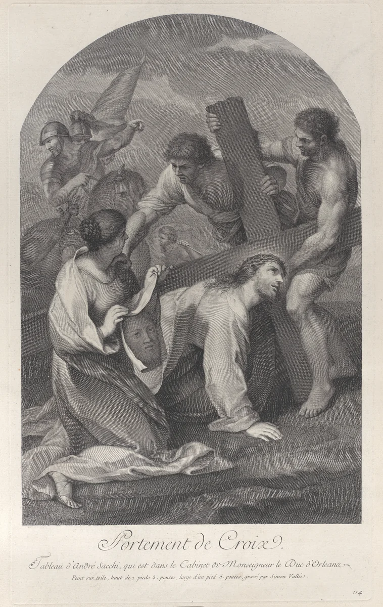 Christ fallen to the ground under the weight of the cross, with two men assisting and Saint Veronica kneeling with the veil at left by Simon de la Vallée, print, 1724-1734