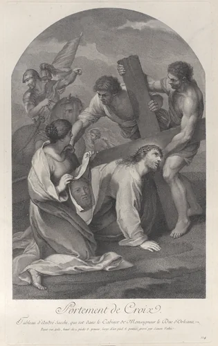 Christ fallen to the ground under the weight of the cross, with two men assisting and Saint Veronica kneeling with the veil at left by Simon de la Vallée, print, 1724-1734