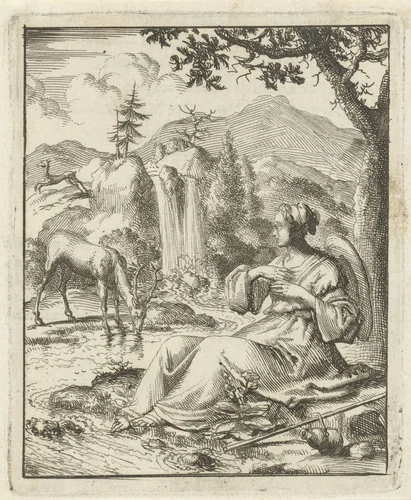 Aan de oever van een beek aanschouwt een vrouw een drinkend hert by Jan Luyken, print, 1687