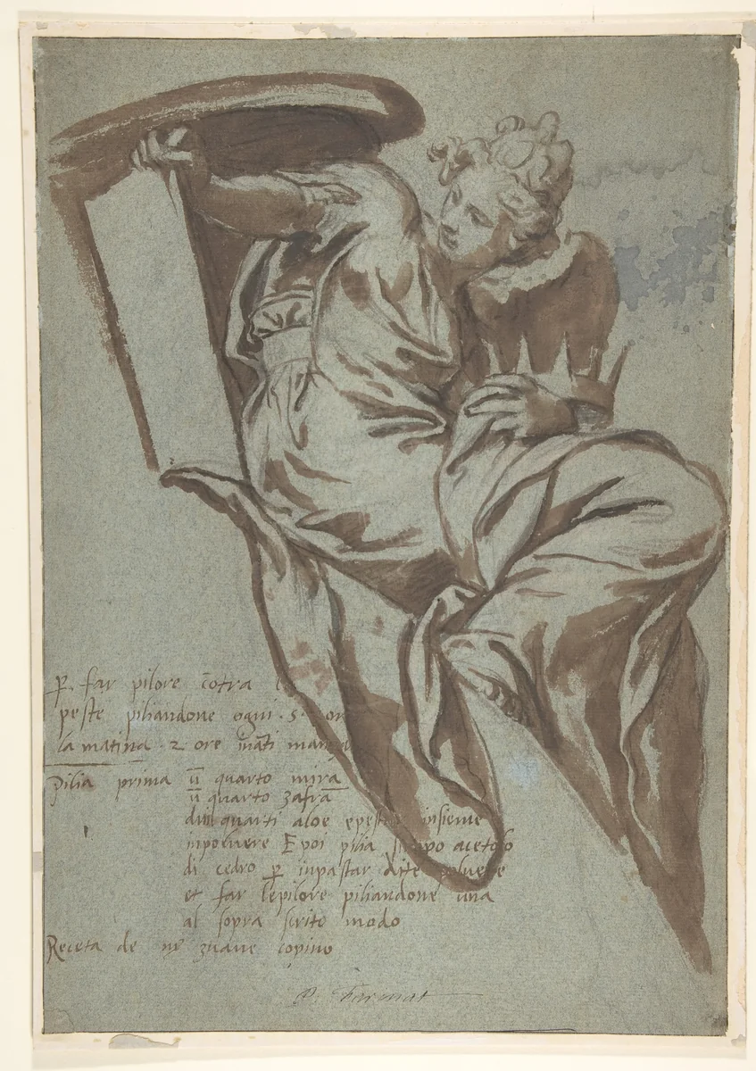 Project for the Decoration of a Spandrel: Winged Female Figure Holding a Tablet and a Crown by Paolo Farinati, drawing, 1524-1606