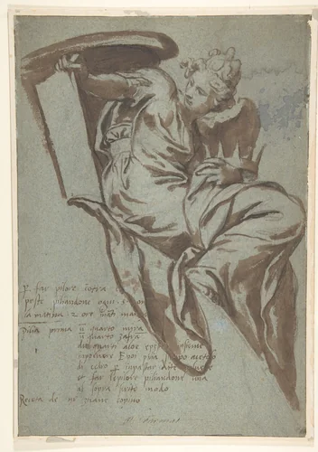 Project for the Decoration of a Spandrel: Winged Female Figure Holding a Tablet and a Crown by Paolo Farinati, drawing, 1524-1606