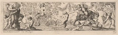 Putti and Satyrs Shooting Arrows by Pierre Brebiette; François Langlois, print, 1626