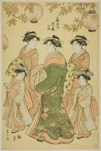 The Courtesan Hanaogi of the Ogiya, with Child Attendants Yoshino and Tatsuta by Chobunsai Eishi, print, 1788-1798