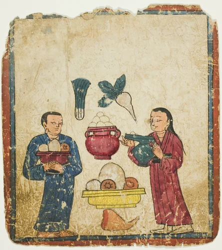 Presentation of Offerings, from a Set of Initiation Cards (Tsakali) by Southern Tibet, drawing, 1301-1500