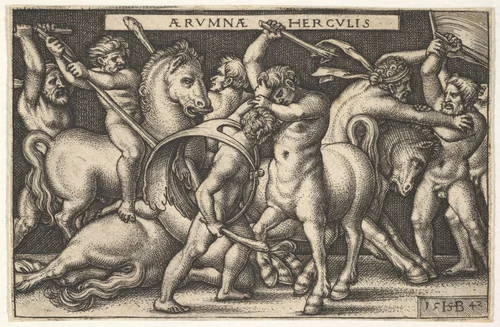 Hercules with his club in center fighting a centaur, other men fighting centaurs to left and right, from "The Labors of Hercules" by Sebald Beham, print, 1542