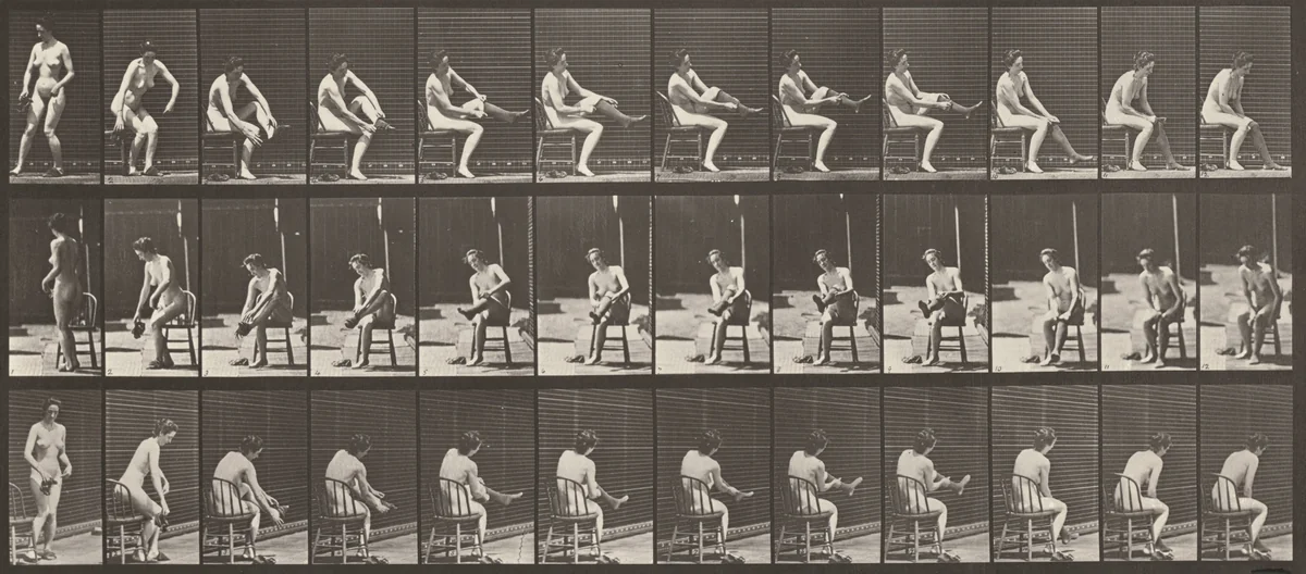 Plate Number 418. Toilet, sitting and putting on stockings by Eadweard Muybridge, photograph, 1887