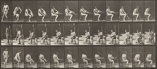 Plate Number 418. Toilet, sitting and putting on stockings by Eadweard Muybridge, photograph, 1887
