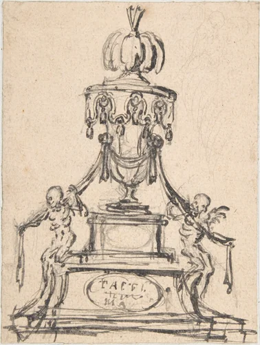 Tomb Monument with Skeletons by anonymous, drawing, 1600-1699