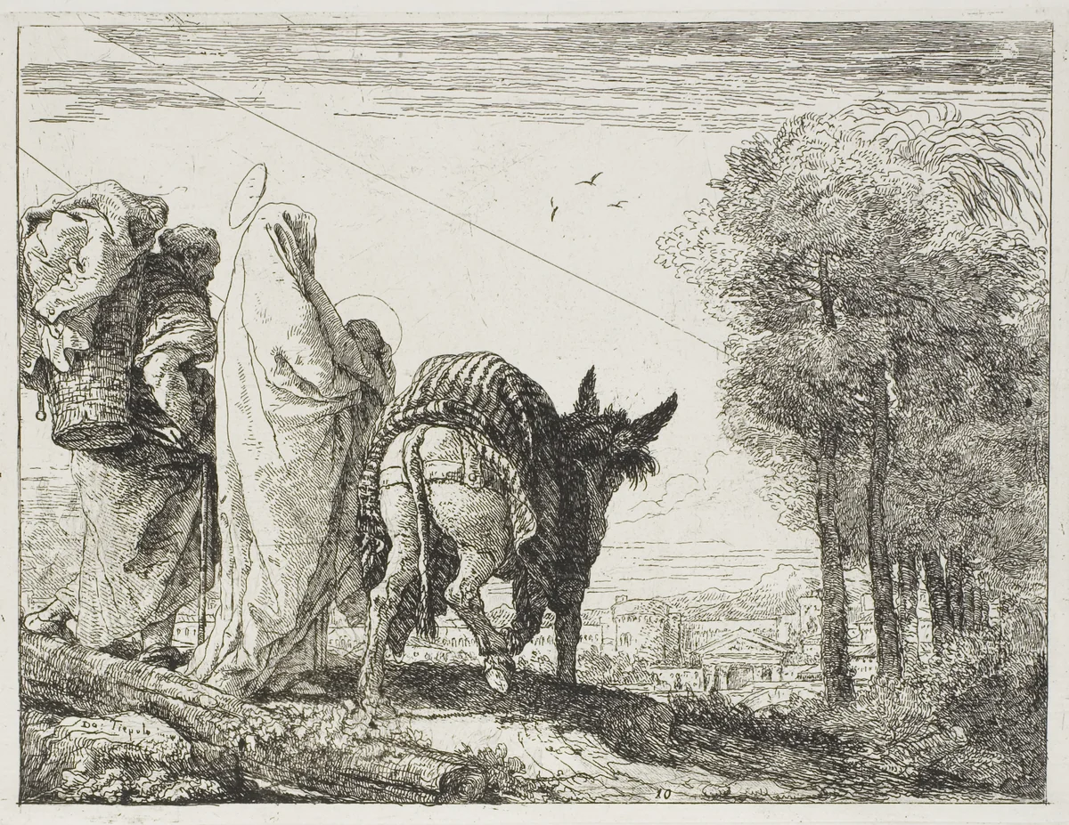 Mary Holding the Child in Her Arms and Joseph with the Basket, plate ten from The Flight into Egypt by Giovanni Domenico Tiepolo, print, 1753