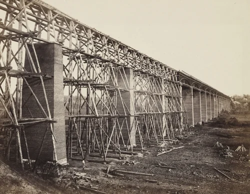 High Bridge crossing the Appomattox, near Farmville (on south side railroad, VA) by Timothy O'Sullivan, Alexander Gardner, photograph, 1865