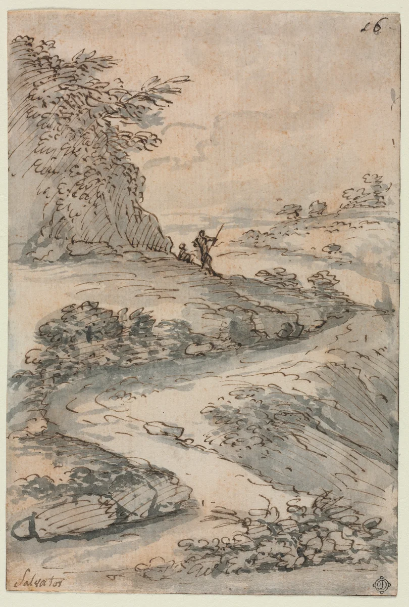 Figures on a Winding Road by Salvator Rosa, drawing, 1635-1673