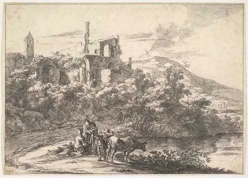 Les Deux Vaches Au Bord De L'Eau by Jan Both, print, 1620-1652