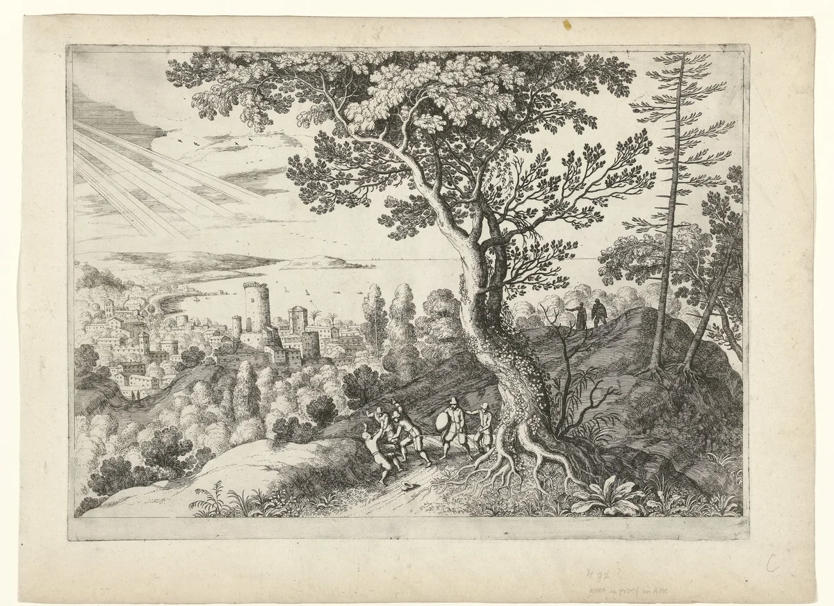 Reiziger wordt aangevallen door rovers by Guilliam van Nieulandt, print, 1594-1635