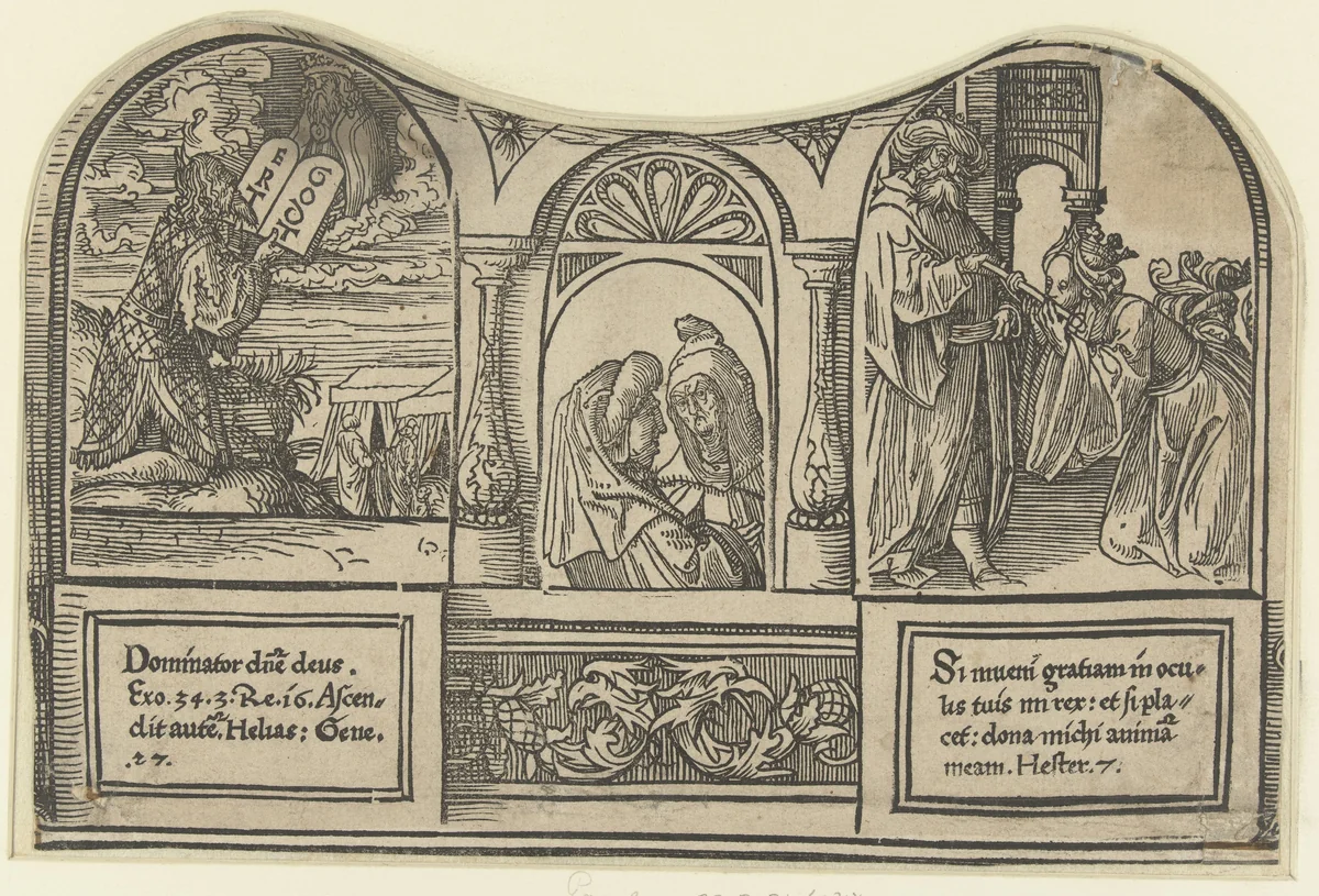 Mozes ontvangt de stenen tafelen en Esther knielt voor Ahasveros by Unknown, print, 1518-1522
