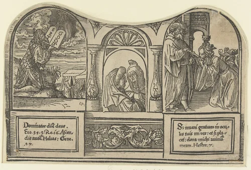 Mozes ontvangt de stenen tafelen en Esther knielt voor Ahasveros by Unknown, print, 1518-1522