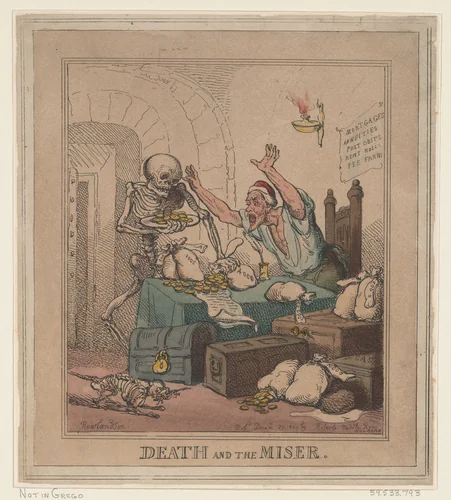 Death and the Miser by Thomas Rowlandson, print, 1801
