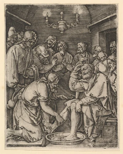 Christ kneeling and washing St Peter's feet, from "The Passion of Christ" by Marcantonio Raimondi, print, 1495-1539