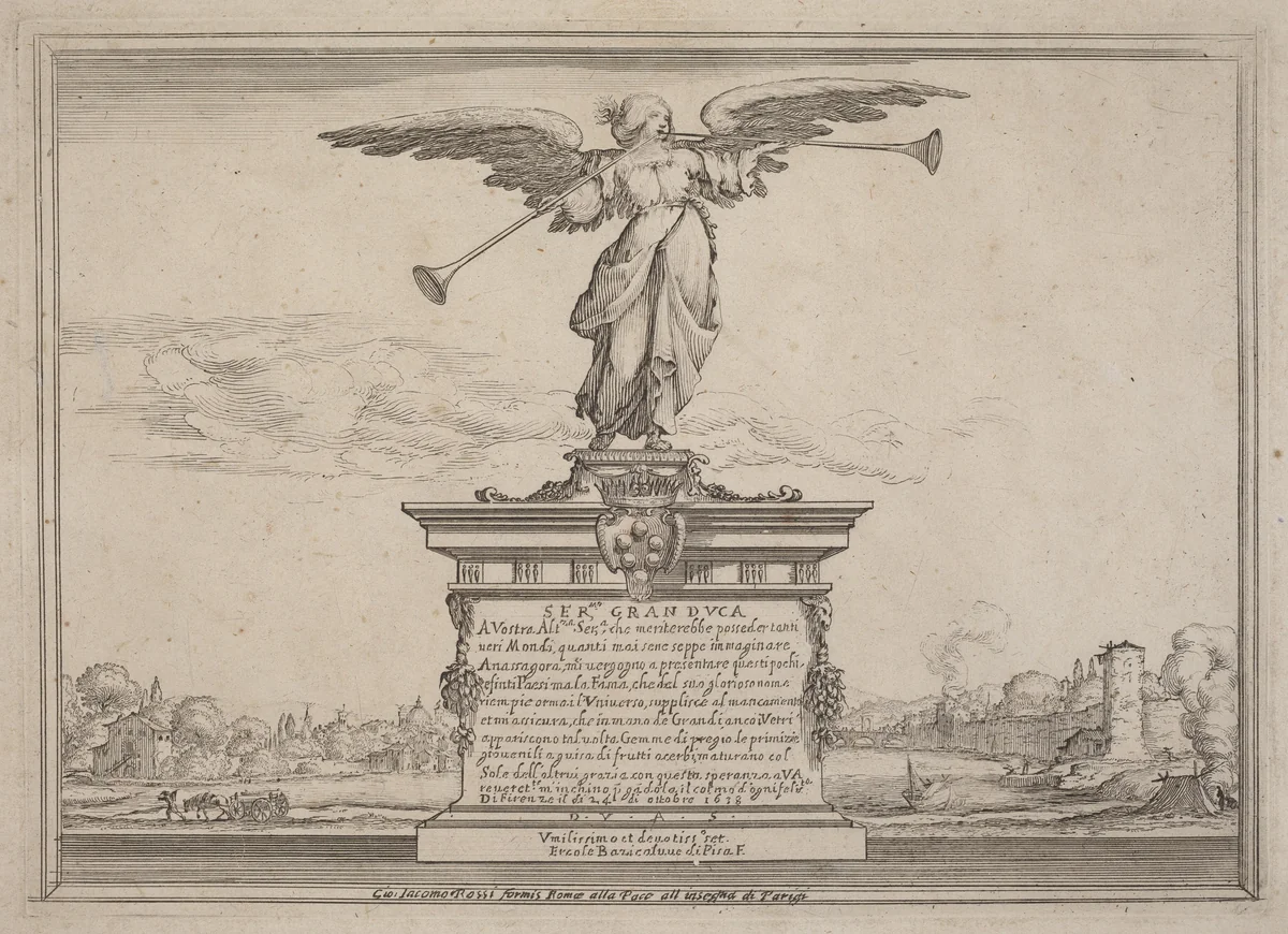 Dedication Page with Statue of Fama by Ercole Bazicaluva, print, 1638