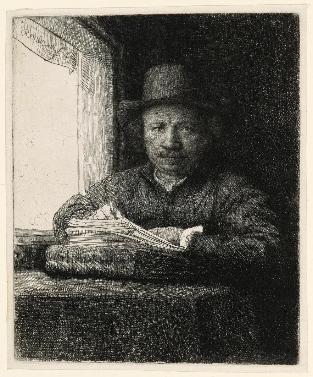 Self-Portrait Etching at a Window by Rembrandt van Rijn, print, 1648