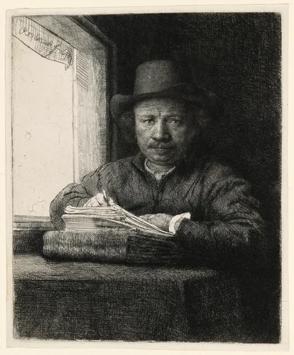 Self-Portrait Etching at a Window by Rembrandt van Rijn, print, 1648
