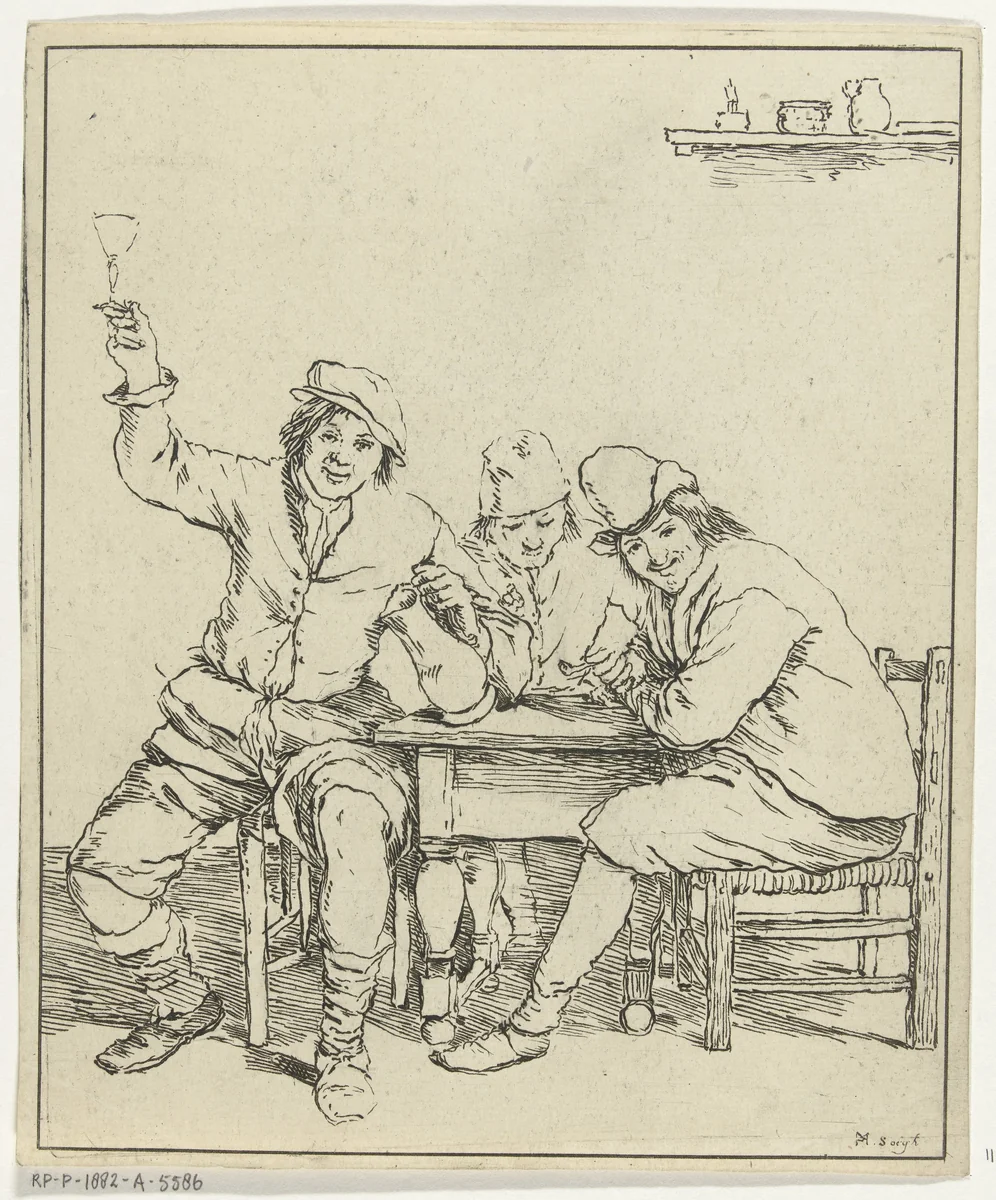 Drie mannen aan tafel roken en drinken by Leendert Brasser, print, 1772