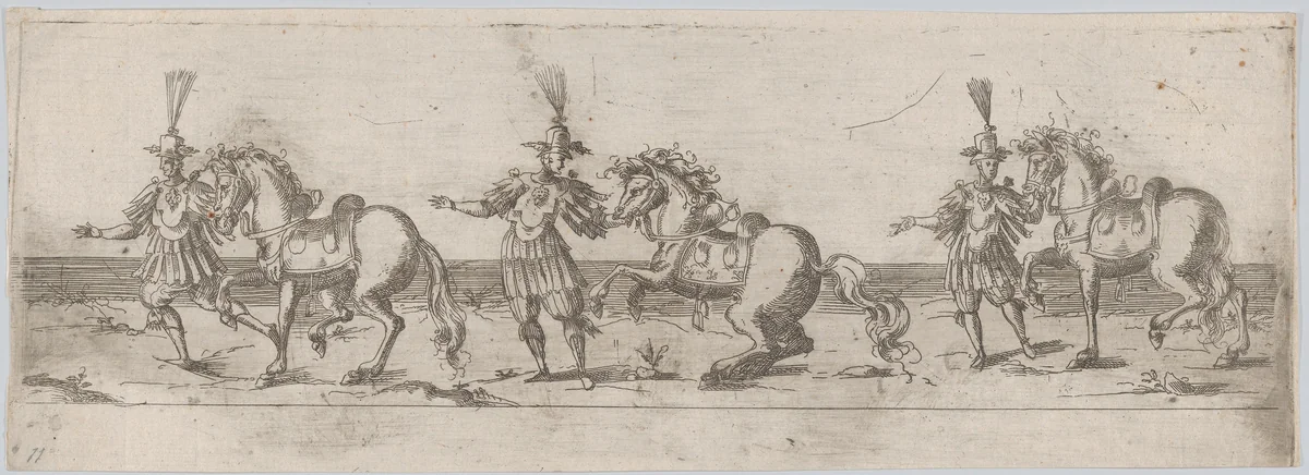 Procession, with three men leading three horses by anonymous, print, 1500-1599