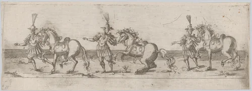 Procession, with three men leading three horses by anonymous, print, 1500-1599