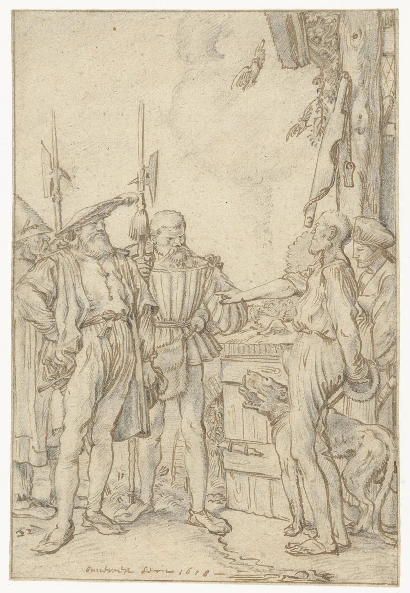 Baljuw tracht de koe te kopen by Willem Pietersz Buytewech, drawing, 1618
