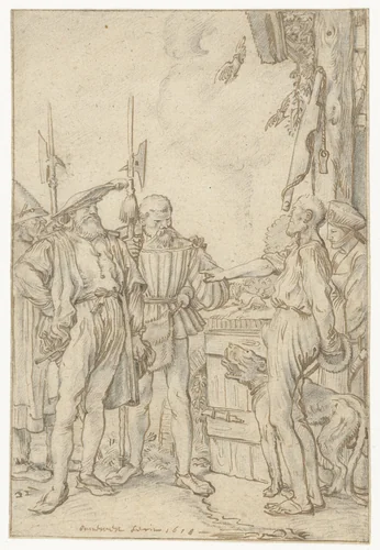 Baljuw tracht de koe te kopen by Willem Pietersz Buytewech, drawing, 1618