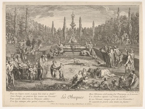 The Funeral (Les Obseques): various satyrs gathered in a clearing, funeral pyre to left, a freshly dug grave and a tomb decorated with satyr heads and antlers in center, upon which musicians are seated, from "The lives of satyrs" (La vie des satyres) by Claude Gillot, print, 1700-1720