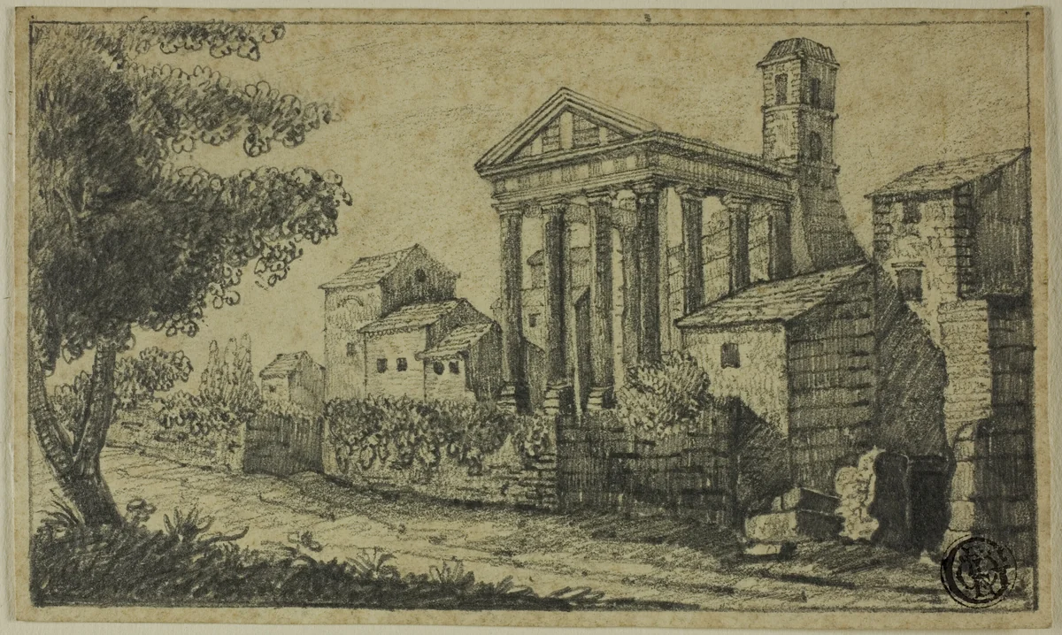 River Landscape with Roman Temple by Unknown Artist, drawing, 1700-1799